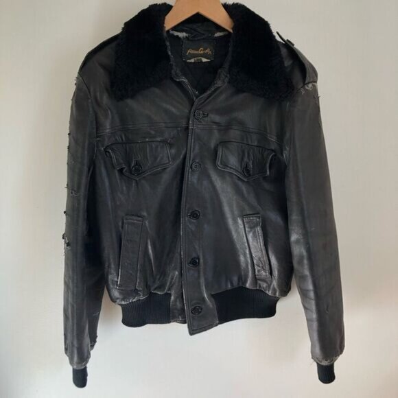 Destroyed Vintage 80s Pierre Cardin Men's Size 42 Leather Bomber Jacket Grunge - Picture 5 of 16